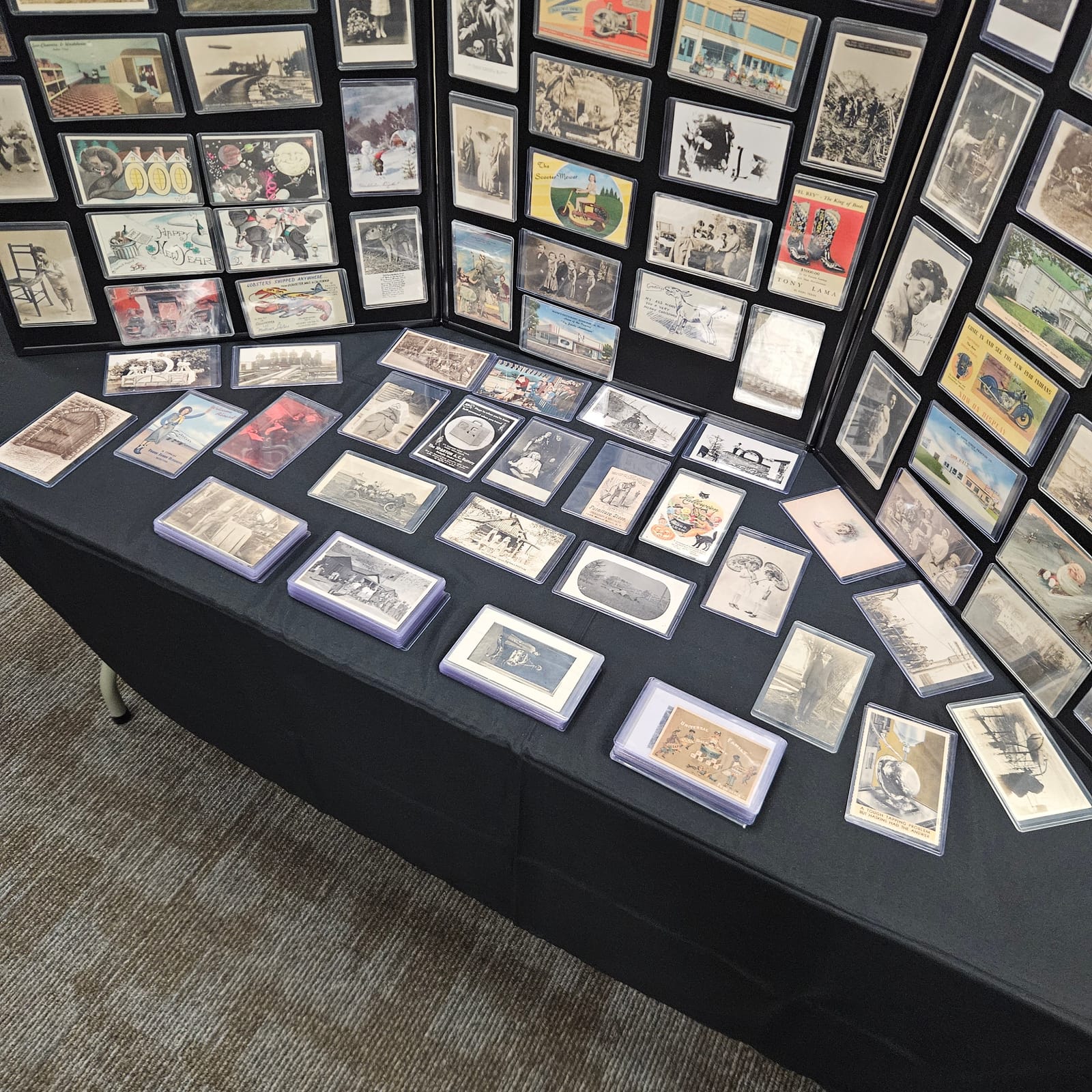 Overhead view of a black-draped table covered with vintage postcards in protective sleeves.